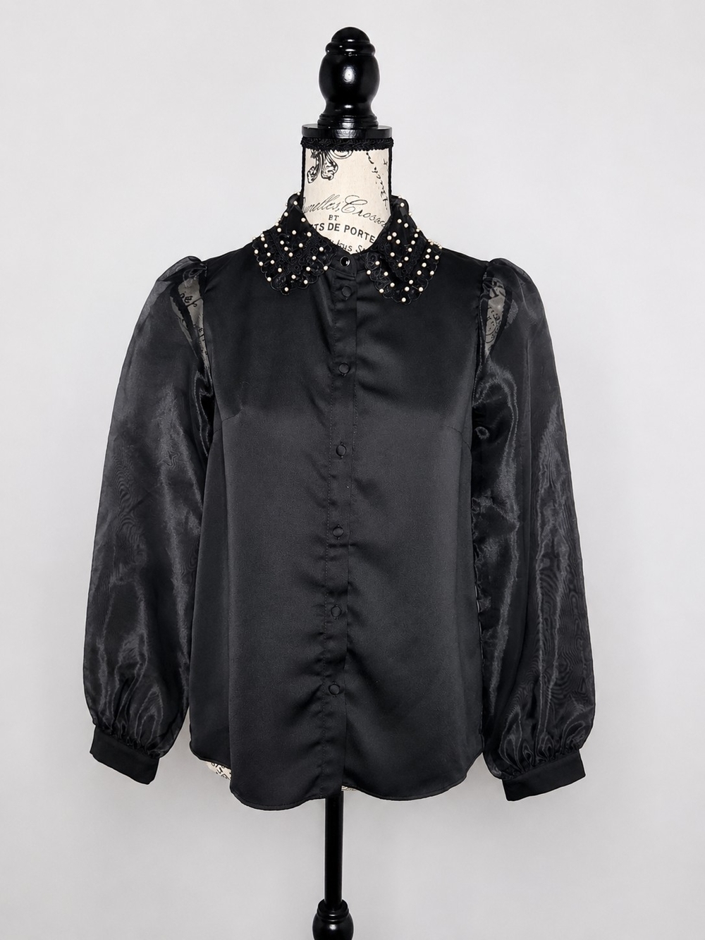 NAF NAF Black Satin Blouse with Embellished Collar